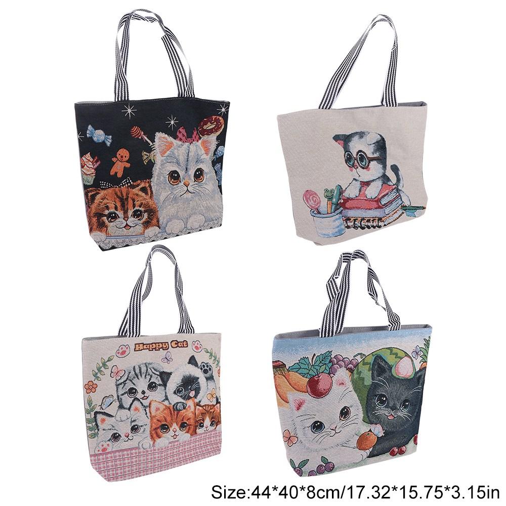 Large Capacity Ethnic Style Handbag Embroidery Animal Shoulder Bag Casual Cute Cat Cloth Bag Women