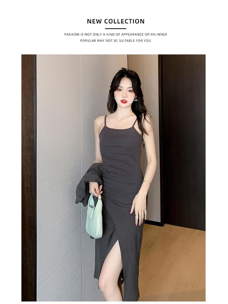 Spring Pure Desire Dress & Cardigan Set - Spaghetti Strap Slit Skirt + Long Sleeve Top