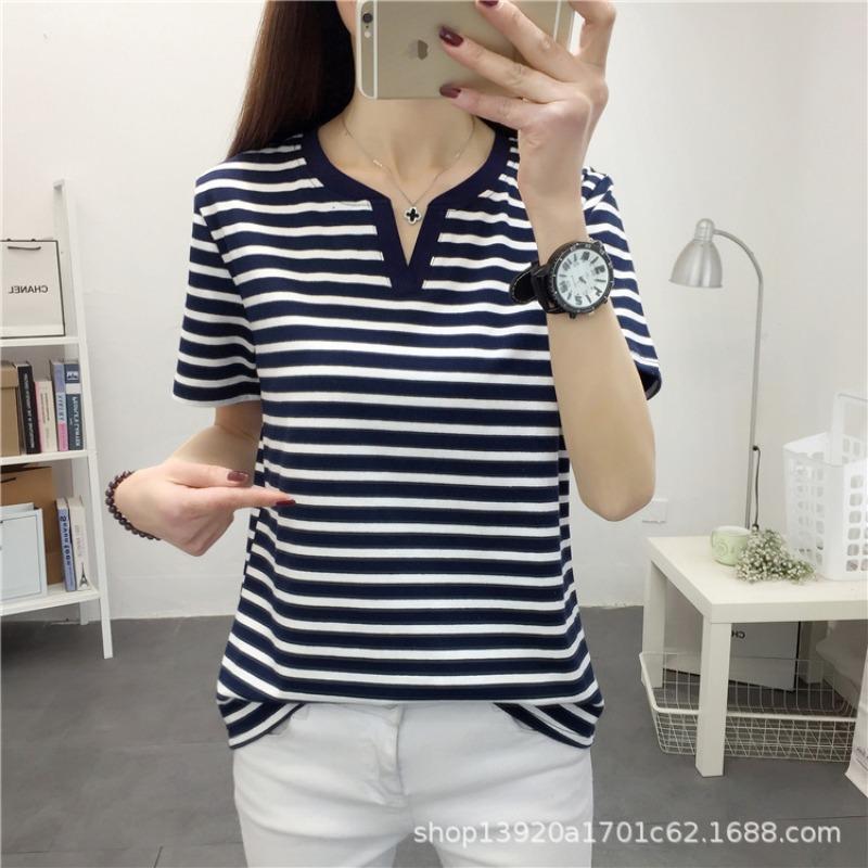 Striped Short-sleeved Women's Plus Size Loose Half-sleeved Body-hugging Pure Cotton Casual Top