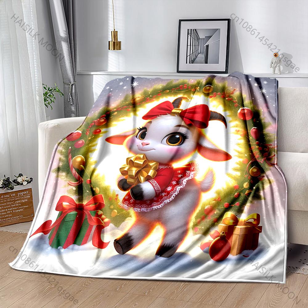 

Festive Goat with Christmas Wreath Pattern Blanket Flannel Material Soft Warm for All Seasons, Home Outdoor Camping Picnics RV 75x90cm