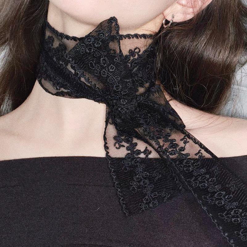 Sweet Flower Lace Neck Strap Dressing Decoration Korean Style Hair Band Neckerchief Transparent Long Ribbon Head Scarf