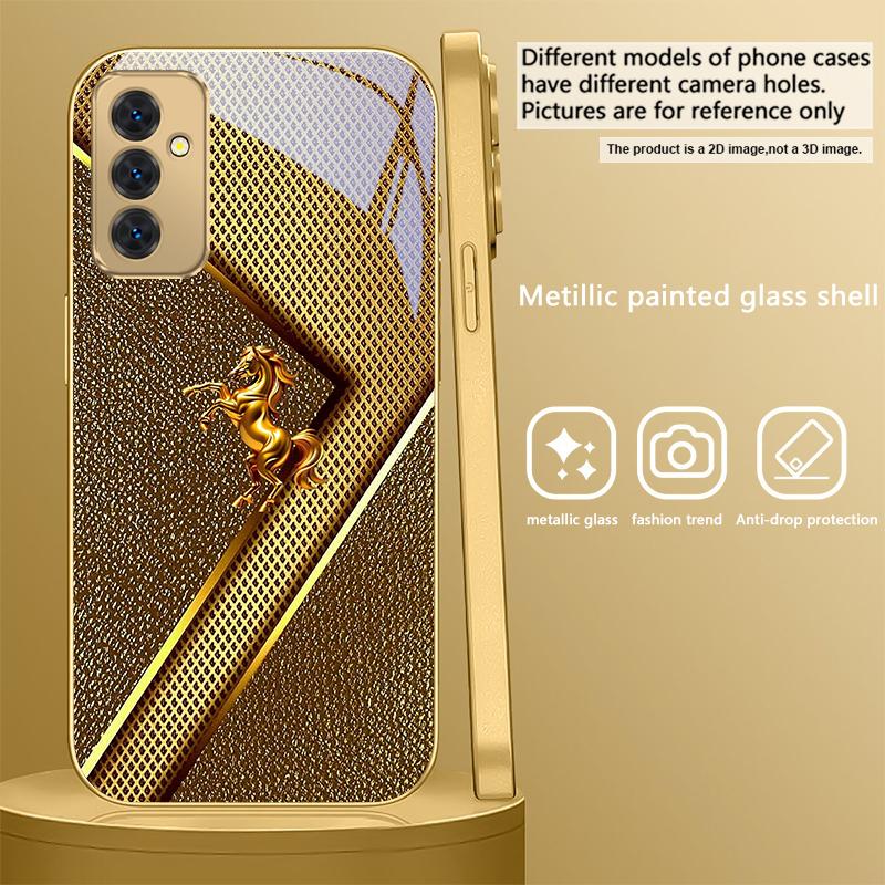 Goldene Pferde-Skulptur Für Samsung A 31 32 A33 A34 35 14 A15 13 A16 25 26 50 52 53 54 55 56 70 71 72 73 Goldene Glas-Handyhülle