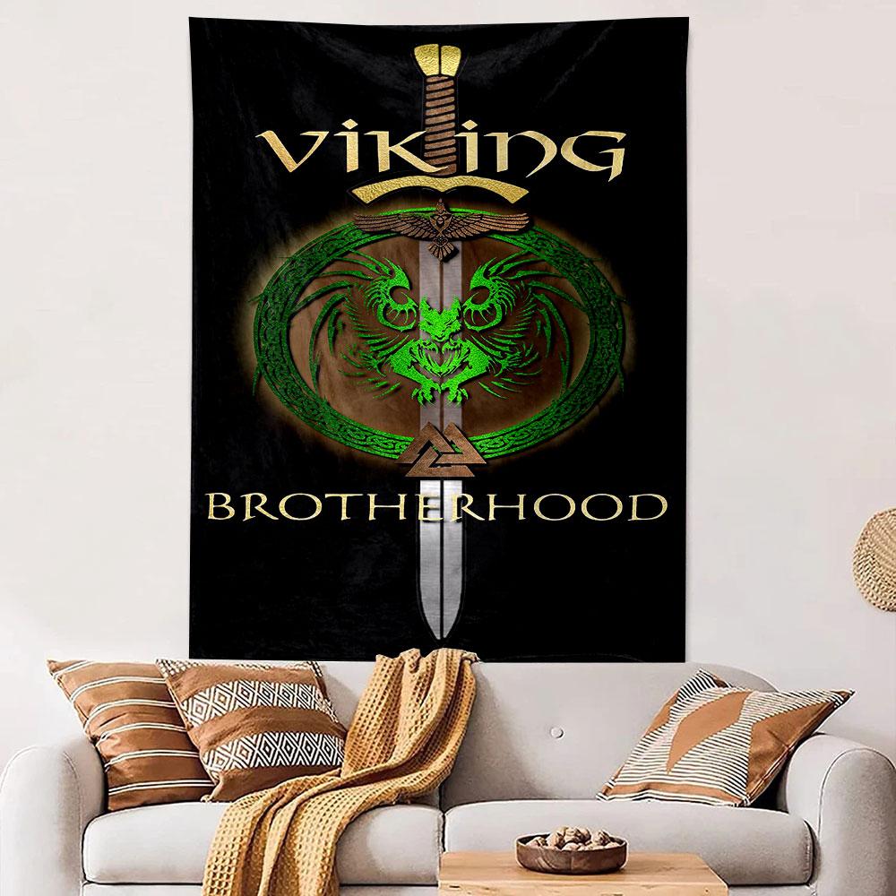 Viking Brotherhood Wall Tapestry Sword Green Wolf Celtic Knot Norse Emblem Decor Man Cave Gift