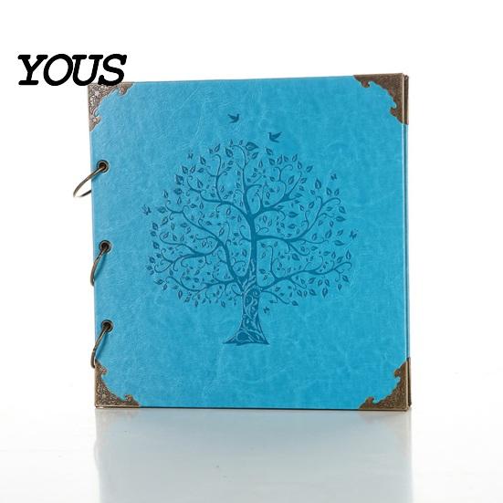Tree of Life Embossed Cover DIY Scrapbook Album, Faux Leather Black Card Photo Album with Metal Corner Guard Ring Binding, Memory Book for Journaling,