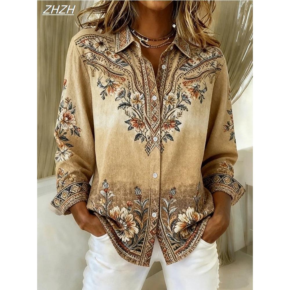 Women's Shirt Blouse Floral Graphic Geometric Bohemia Vintage Casual Long Sleeve Shirt Collar Regular Tops Fall Winter
