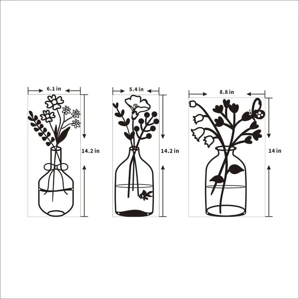 3 Pcs Black Metal Flowers Wall Decor - Metal Vase Wall Art. Hanging Metal Wall Sculptures for Indoor Spaces Like Kitchen