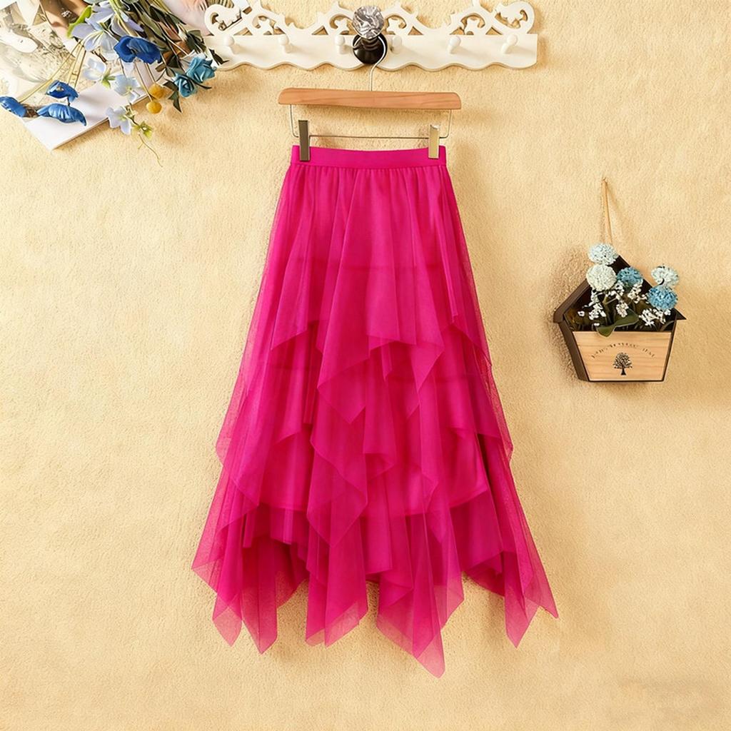 Women's Irregular Mesh Midi Skirt, High,waisted Versatile Half Skirt
