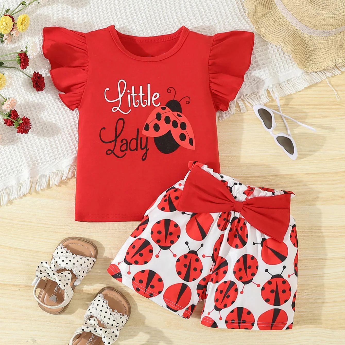 Zomer Schattig Lieveheersbeestje Outfit 2-delige Set voor Baby Meisjes Mouwloos T-shirt + Casual Korte Broek Baby Pasgeboren Baby Meisje Kleding 90(1-2Y)