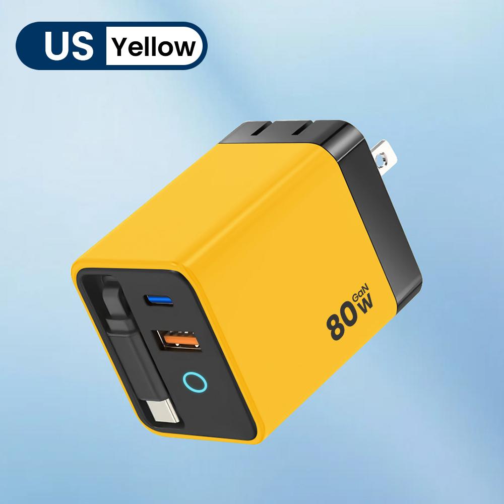 80W USB Type C super fast charger with LED indicator, equipped with a retractable cable, supports PD fast charging, suitable fo