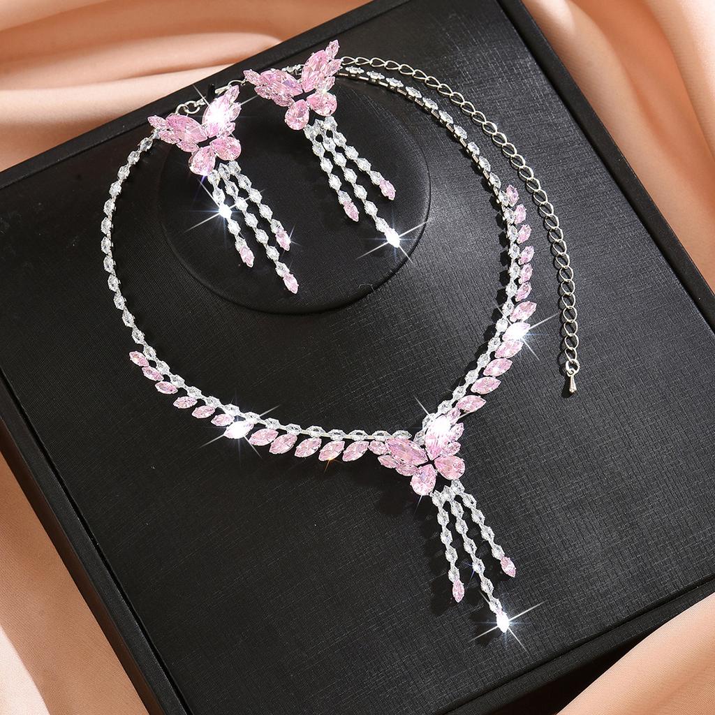Cute and Sweet European and Sparkling Diamond tassel Butterfly Necklace Earrings