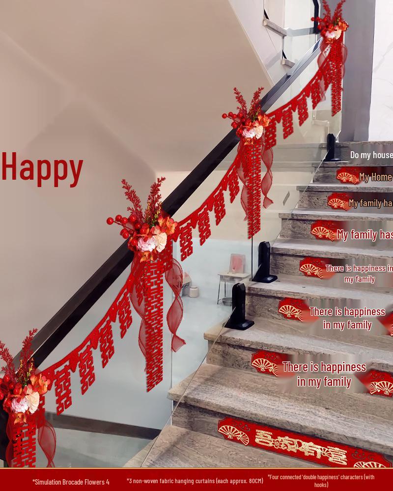 Wedding Stair Railing Decoration Set with Double Happiness Pull Flowers