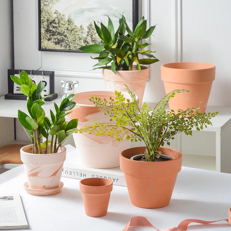 Terracotta Nordic Ceramic Flower Pot with Tray - Large, Coarse Pottery for Succulents and Pothos
