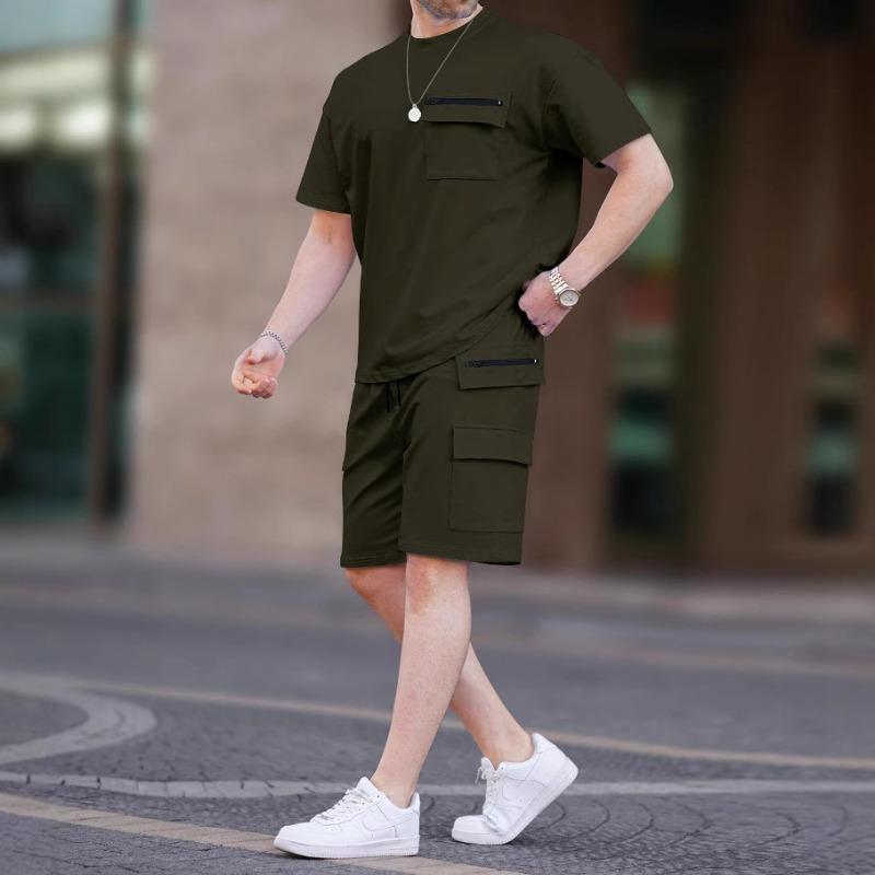 Men Solid Color 2 Piece Outfit Short Sleeve T-Shirt And Cargo Shorts Set With Zipper Pockets