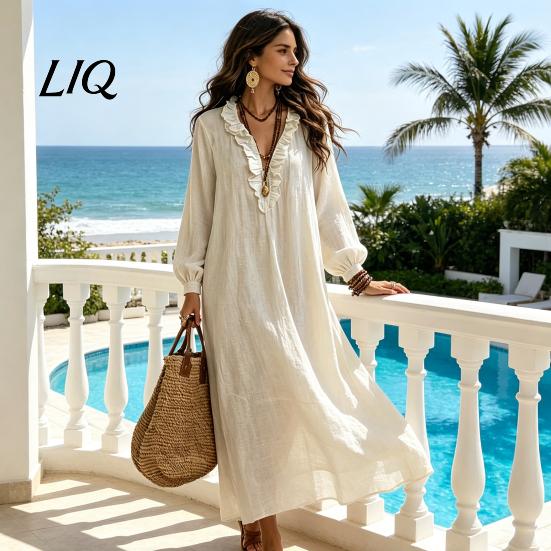 Lady Casual Dress Women Ruffle V Neck Long Dress, Loose Fit Midi Dresses Solid Color Sleeves for Spring Autumn
