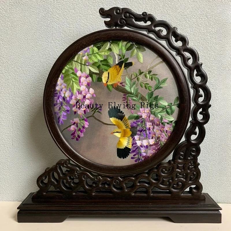 1pc, Su Embroidery Ornaments, Chinese Embroidery Crafts, Double Sided Embroidered Ornament, Solid Wood Desktop Decoration