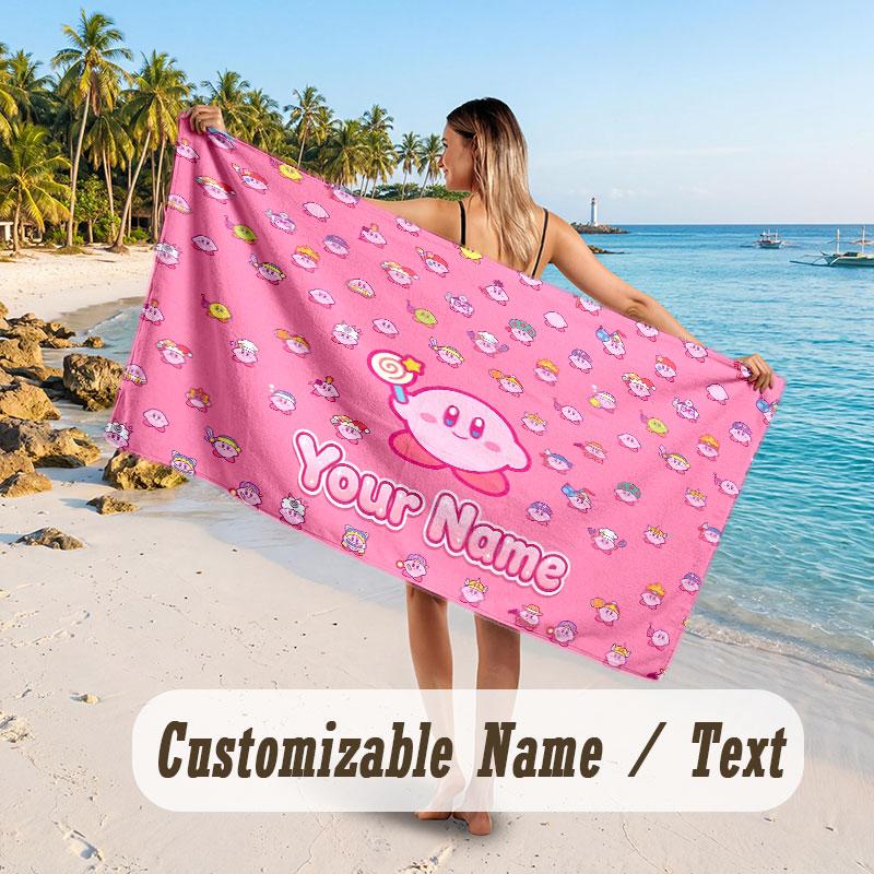 Asciugamano da Spiaggia Personalizzato, Kirby Stampa Personalizzata Nome Testo, Asciugamano Super Assorbente Per Vacanze al Mare