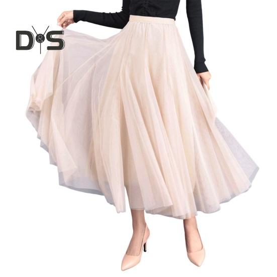 Women Midi Skirt Elastic High Waist Long Skirt with Solid Mesh Hem Solid Color A-Line Skirt Daily Wear