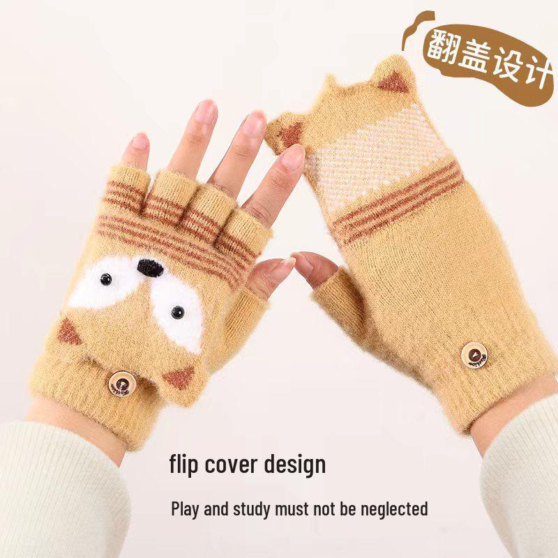 Kids' Cute Flip-Top Fingerless Fox Gloves - Warm Cartoon Design for Autumn and Winter