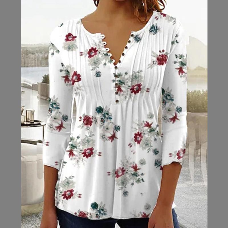 European and American Spring and Summer Fashionable Women's Floral Print V-neck Short Sleeved Pleated Button T-shirt with A Base