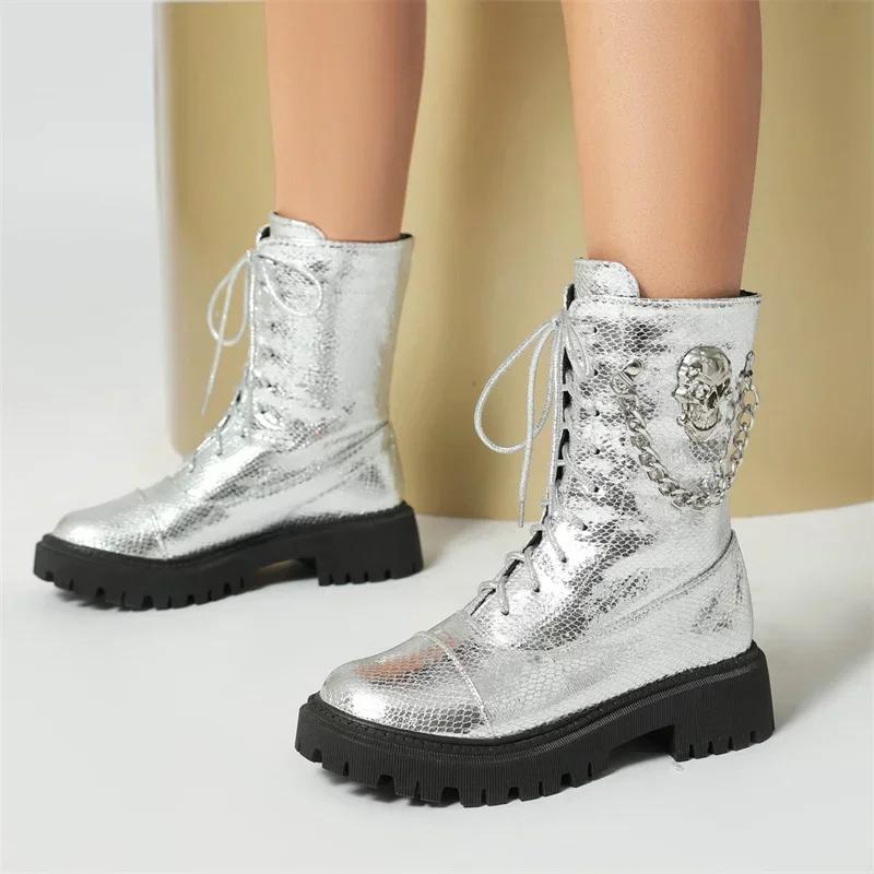Winter Women Ankle Boots Silver Gold Glitter PU Mid Thick Heels British Casual Party Ladies Lace-up Punk Skull Chain Short Boots