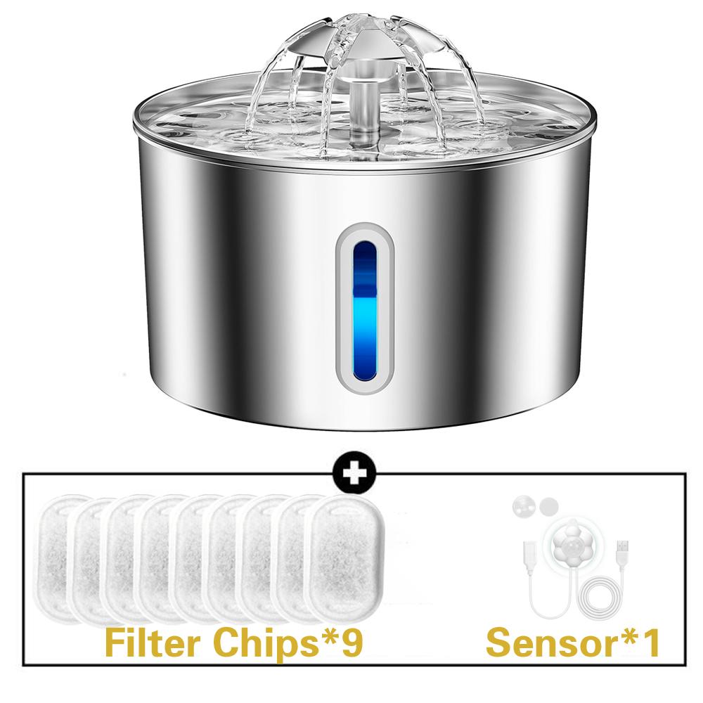2.2L/74oz Cat Auto Drinking Water Dispenser Smart Dogs Fountain Pet Feeder With Window Stainless Steel Water Bowl(No 5V 1A Plug