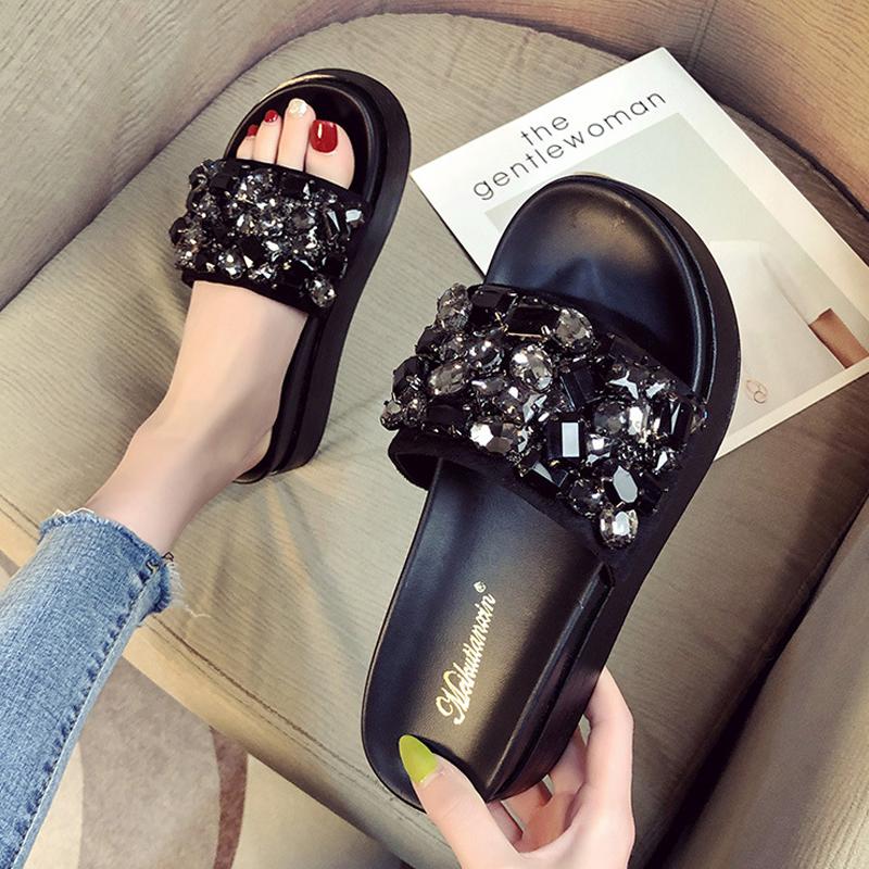 Fashion Luxury Rhinestone Slippers Woman Muffins Shoes Height Increased Slides Flats Platform Sandals Open Toe Babouche Ladies Flipflops
