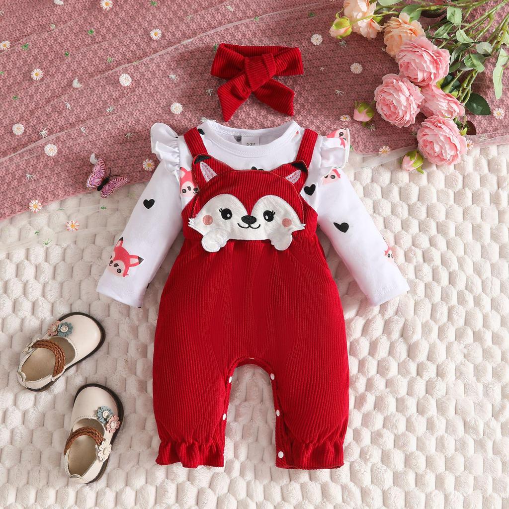 2025 Autumn/Winter Baby & Toddler Fox Heart Print Long Sleeve Footed Romper with Faux Straps & Headband