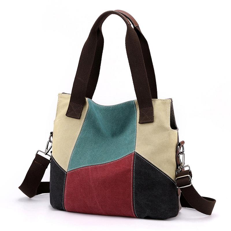 Women's Contrast Canvas Tote Bag Female Large Capacity Contrast Stitching Bag Shoulder Handbag
