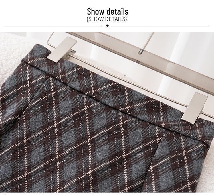 Women's Flocked Plaid Skirt 2026: Winter Elastic High Waist A-line Hip-Covering Skirt