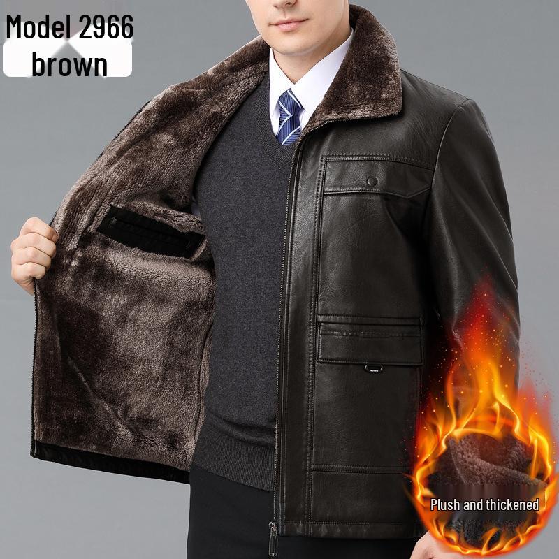Men's Winter Sheepskin Leather Jacket with Fleece Lining - Thick, Warm Outerwear for Middle-aged and Elderly
