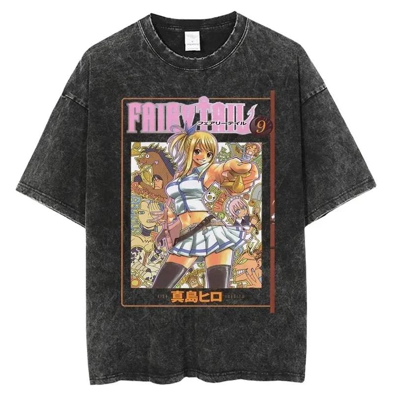 2026 Summer Vintage Washed Fairy Tail Manga Cover Anime T-Shirt Unisex Oversized Streetwear Cotton Short Sleeve Casual Tops