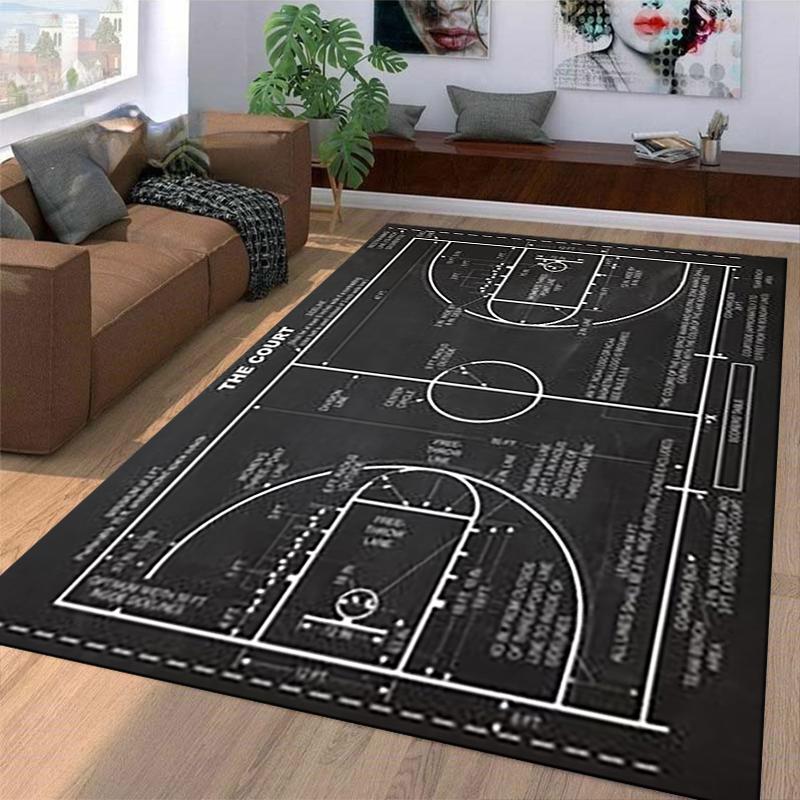 Basketball Court Design Carpet, Black and White Sports Area Rug Suitable for use as an anti-slip for living room bedroom sofas