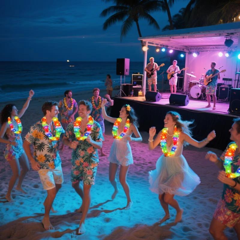 36Pcs LED Light‑Up Hawaiian Flower Lei Necklace, Random Color Floral Garland, Tropical Decor for Party, Evening Events and Camping