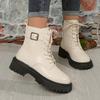 2026 Women's Boots PU Leather Casual Boots Fashion Ankle Boots Women Lace-Up Platform Boot Side Zipper Botines Para Mujeres