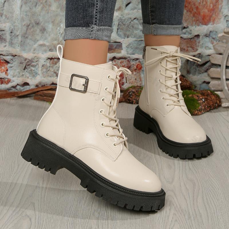 2026 Women's Boots PU Leather Casual Boots Fashion Ankle Boots Women Lace-Up Platform Boot Side Zipper Botines Para Mujeres