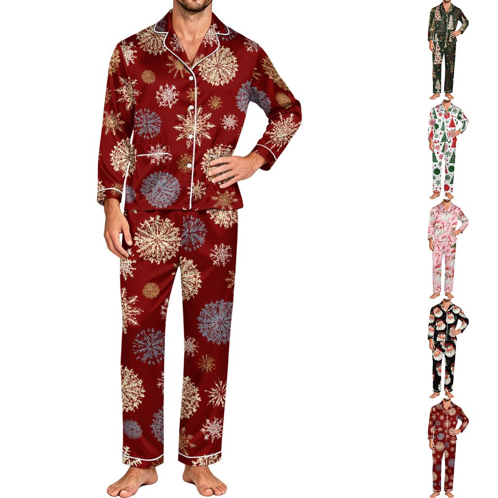 Herren-Pyjama-Set Langarm-Oberteil mit Knöpfen und Hose für Zuhause Nachtwäsche