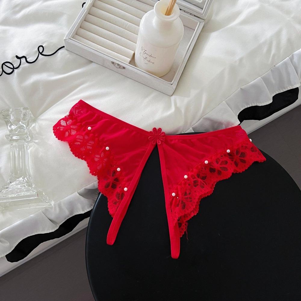 Low Waist Lace Flower Briefs Women Pearl Decor Mesh T Panties Sheer Mesh Lace Thong  Home