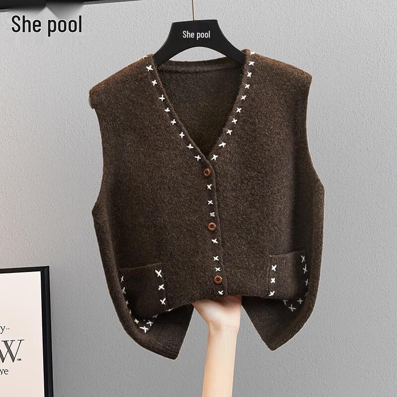 

Женский вязаный жилет в стиле ретро с V-образным вырезом и контрастной отделкой One Size