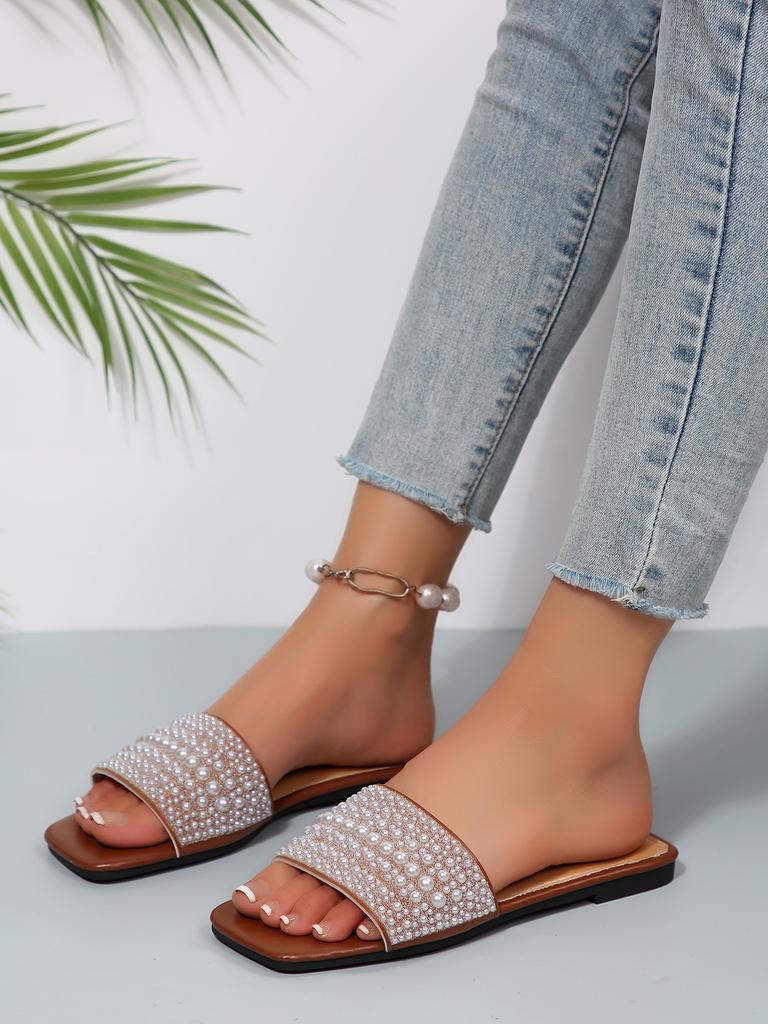 [Foreign Trade] Flat-bottomed Slippers Pearl Rhinestone Outer Wear Square Head Fashionable and Versatile Casual Women's Sandals