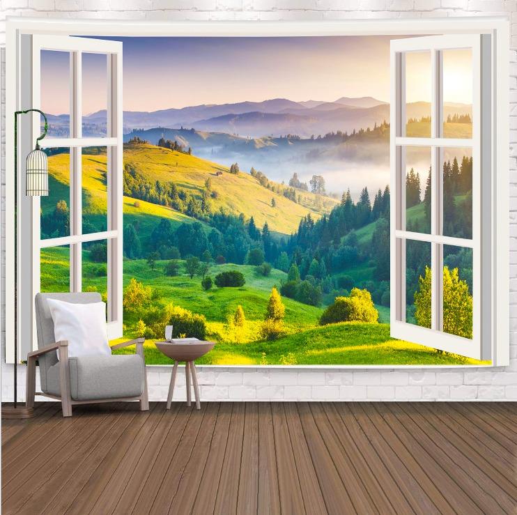 Berglandschaft vor dem Fenster, hängender Wandteppich, Wanddekoration für Zuhause, Büro, Wohnzimmer