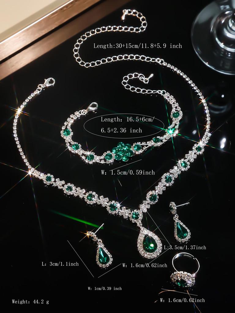 European & American Multi-Color Rhinestone Jewelry Set: Green, Blue & Red Necklace, Earrings, Bracelet & Ring