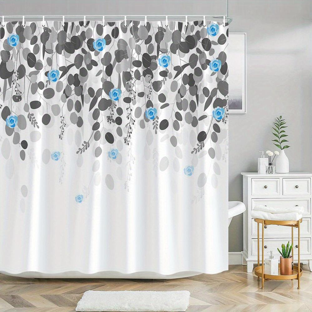 

1Pc Blue Rose And Gray Leaves Shower Curtain - Elegant Watercolor Botanical Pattern, Polyester Fabric, Machine Washable W60H190(CM)-1 Pcs