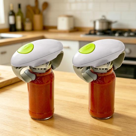 Electric Jar Opener with Dual Handles One-Button Automatic Lid Remover for Stubborn Glass Jars Fits 30-88mm Lids Essential Kitchen Gadget for