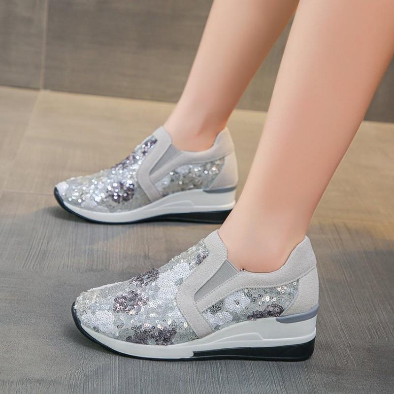 

Fashion Women s Wedge Sneakers 2025 Spring Autumn Versatile Casual Sequin Design Breathable Casual Thick Sole Women s Vulcanized Shoes 36 серебряный