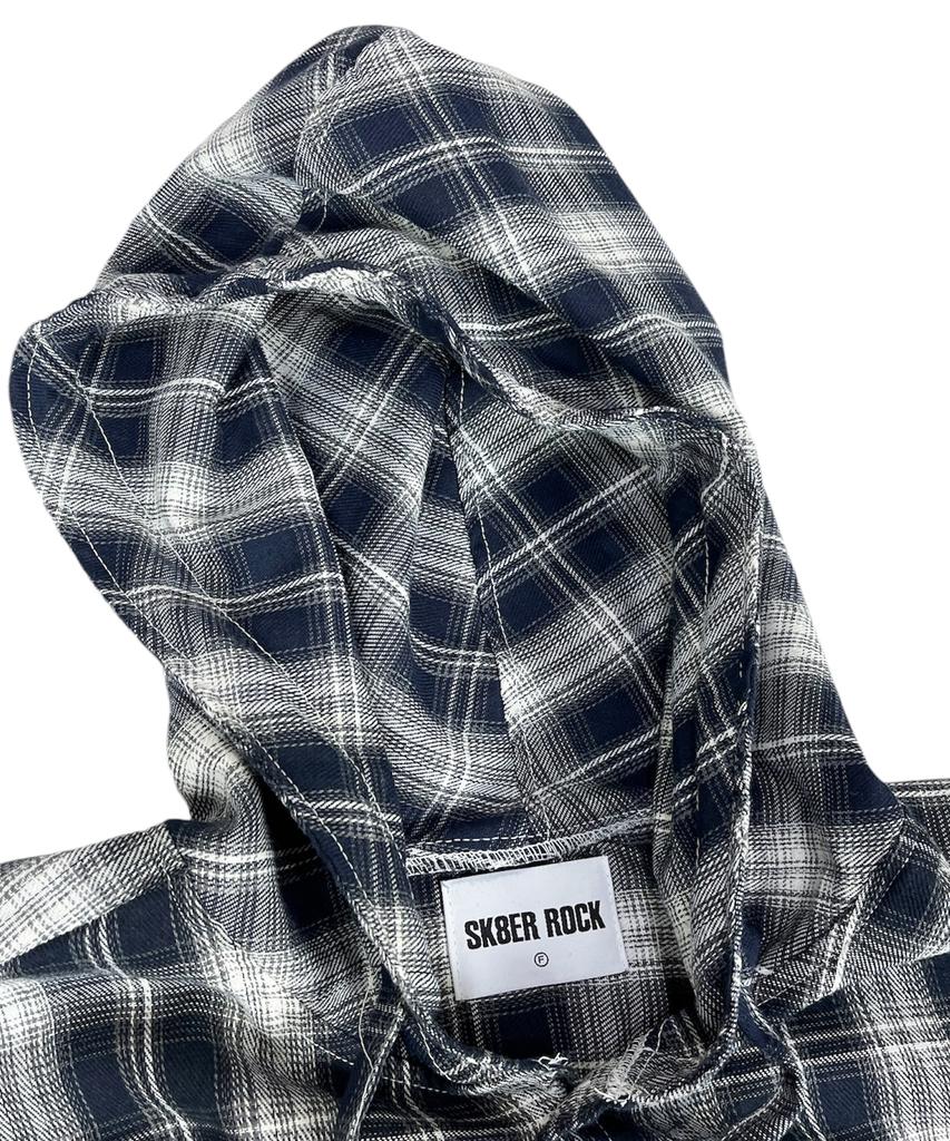 SK8ER ROCK Cross Cut-Off Tartan Check Hoodie Shirt ((Marine))