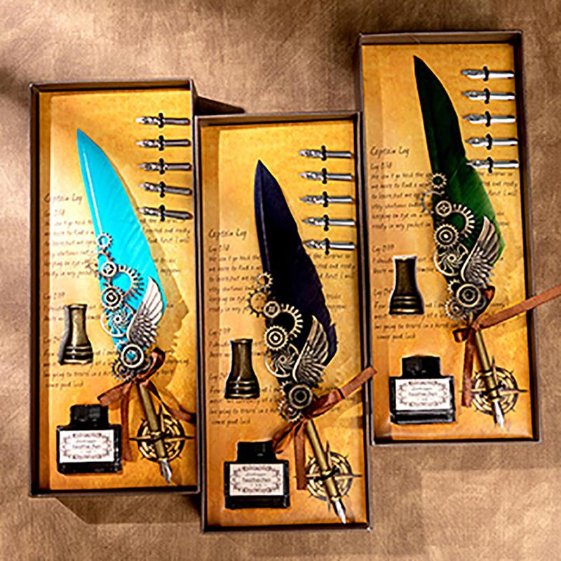 1Set Vintage Calligraphy Pen Antique Feather Dip Pen Ink Writting Pen Stationery