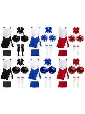 Kids Girls Cheer Leader Costume Halloween Cosplay Party Outfits Uniform Sleeveless Dress with Pom Poms Hair Tie Socks
