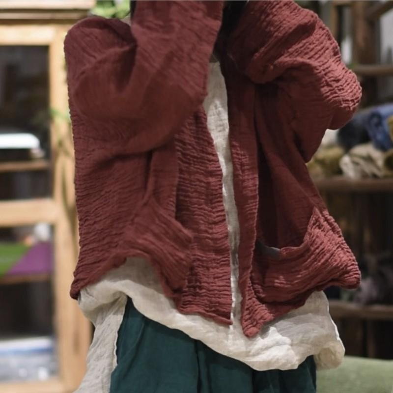 Johnature Damen Vintage Einfarbig O-Ausschnitt Langarm Frühling Chinesischer Stil Weiche Damenmäntel