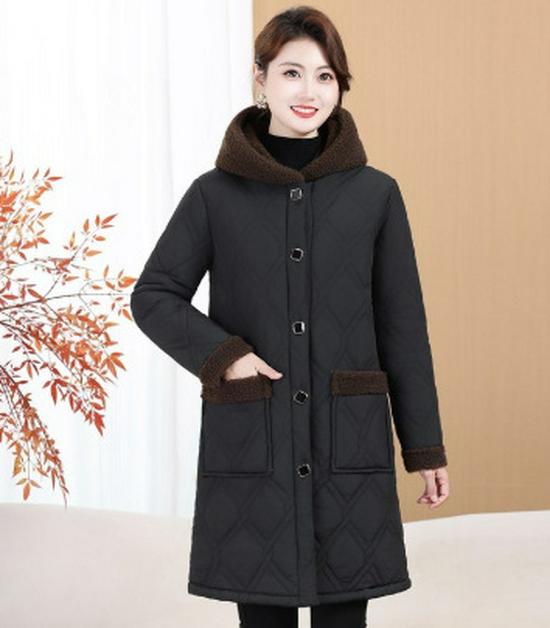 Warm Fleece-Lined Hooded Cotton Coat for Middle-Aged & Elderly Women