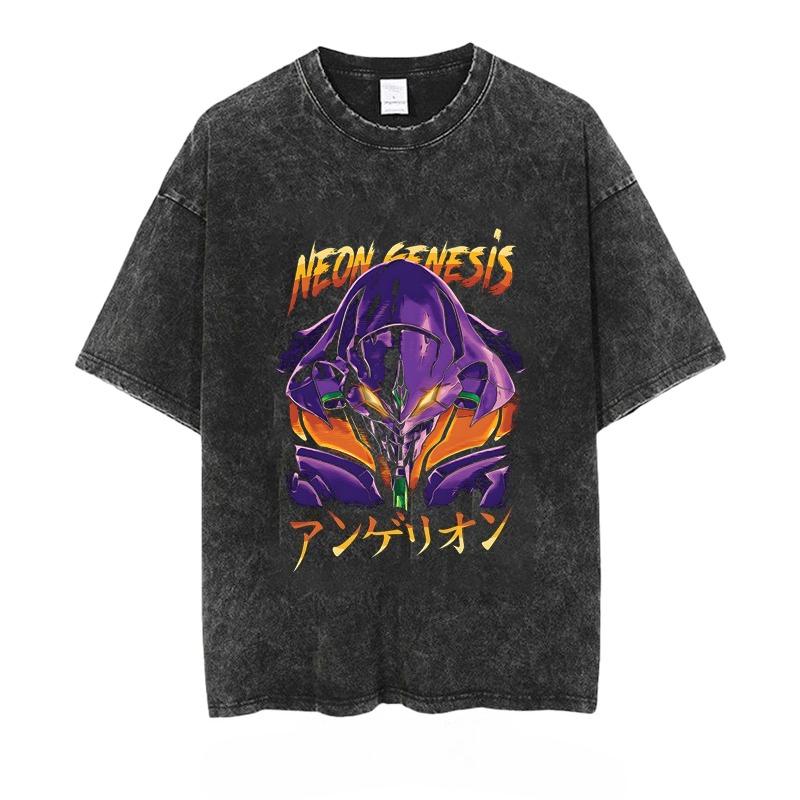 Anime Eva Men's T-shirt Washed Vintage Loose Summer Women's Printed Short-sleeved Tees Oversized Gym Y2k Clothes Harajuku Tops